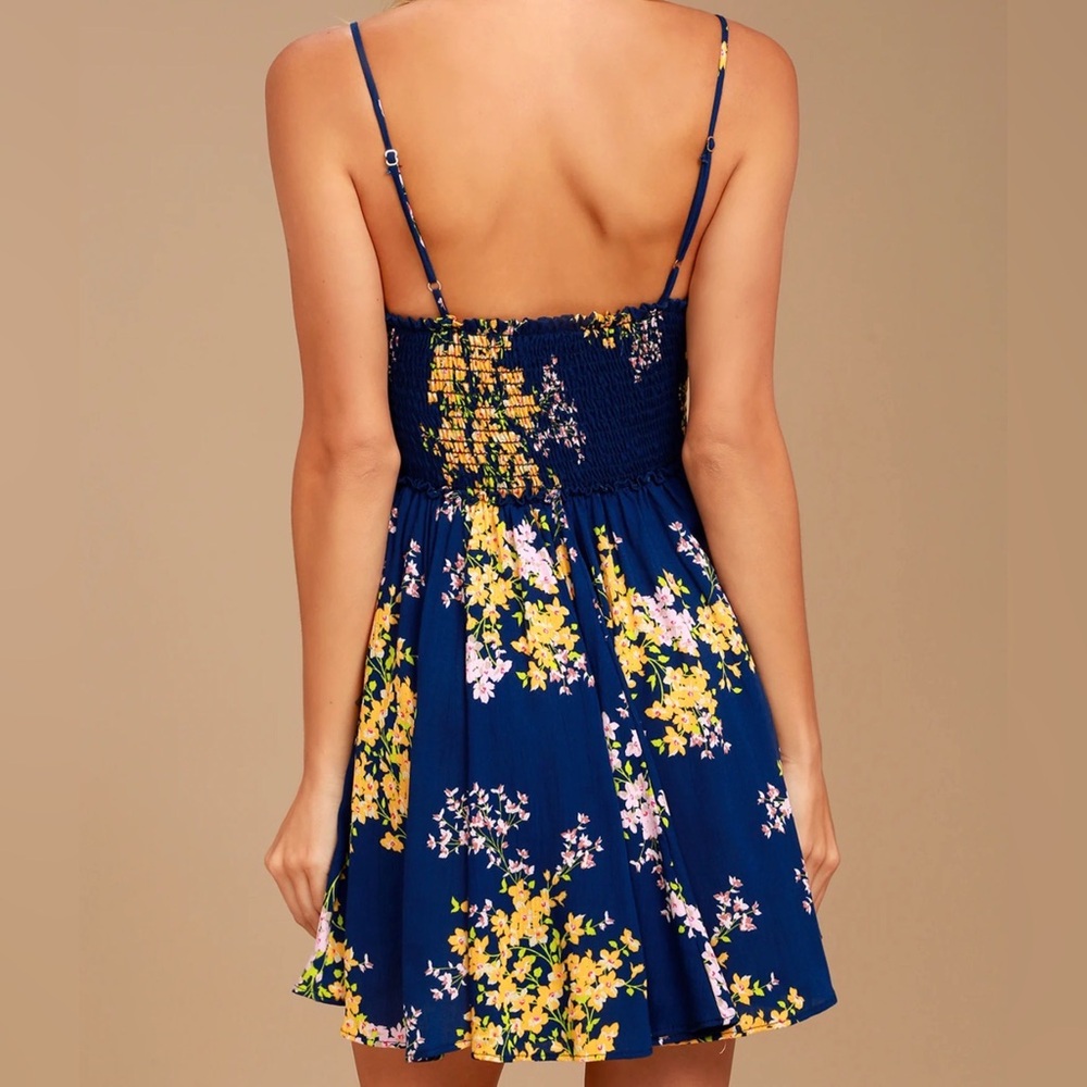 Lulus Fairytale Bliss Navy Blue Floral Print Skater Dress - Picture 2 of 11